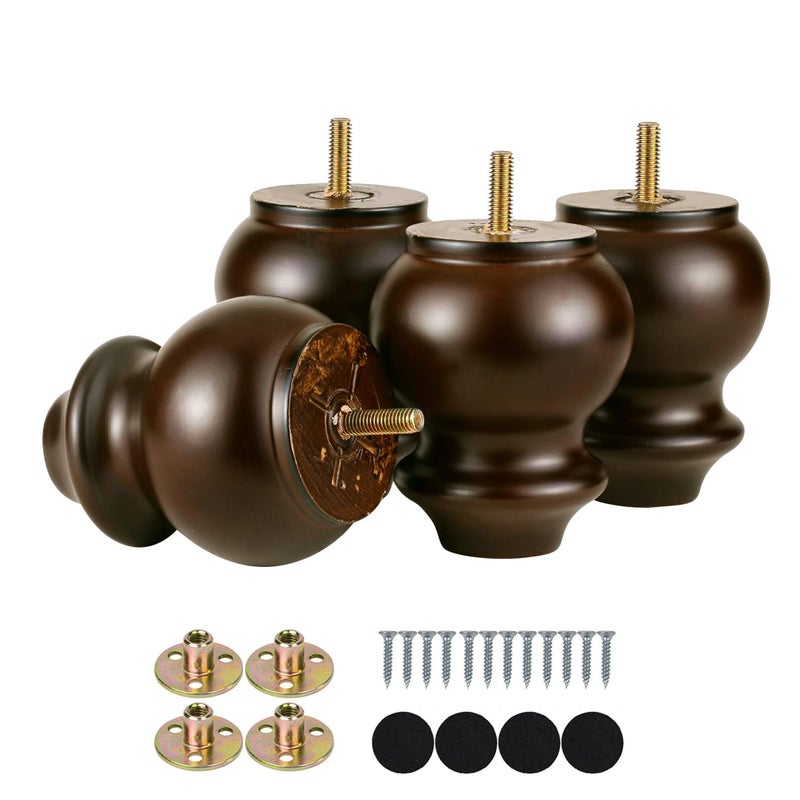 Michanco 4 Inch Wood Furniture Legs Bun Feet Replacement Chunky Wooden Furniture Feet for Sofa Couch Set of 4 (4 Inch Espresso) - Image 1